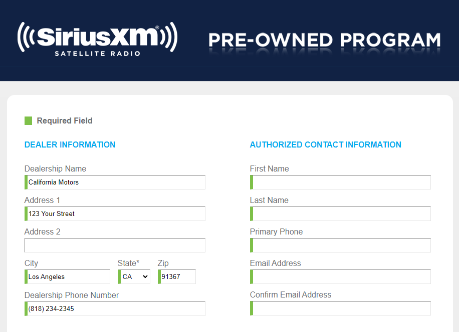 SiriusXM Enrollment Form Screen